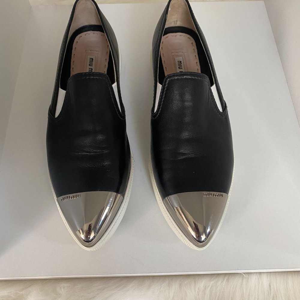 EUC MIU Black Silver Metal CapToe Leather Skate Slip on Sneakers Shoe 37 7 - Picture 2 of 10